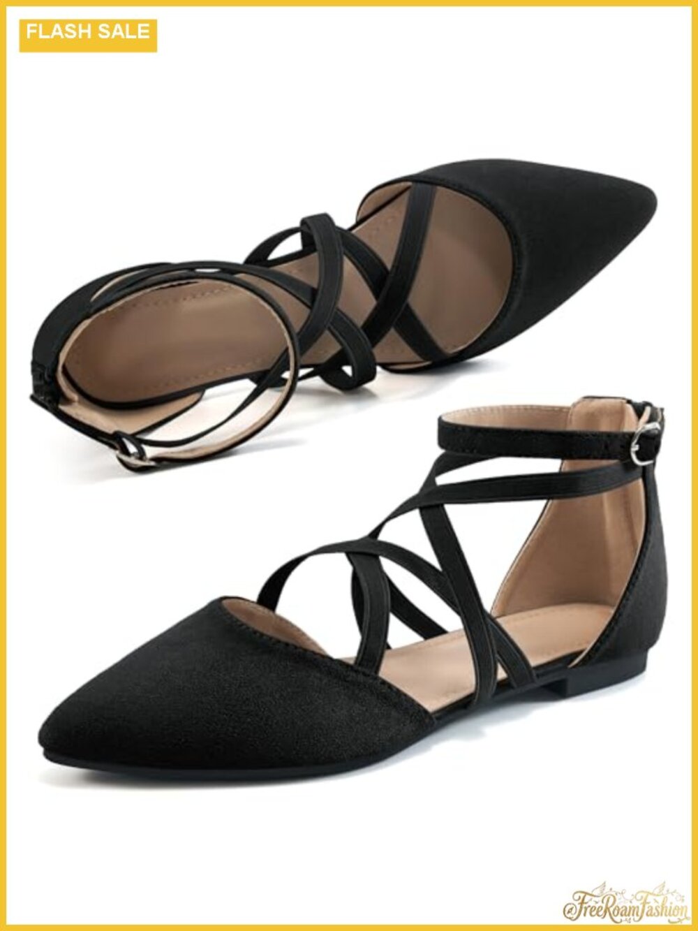 Women's Ballet Flats with Zipper Ankle Strap, PU Leather and Suede, Comfortable